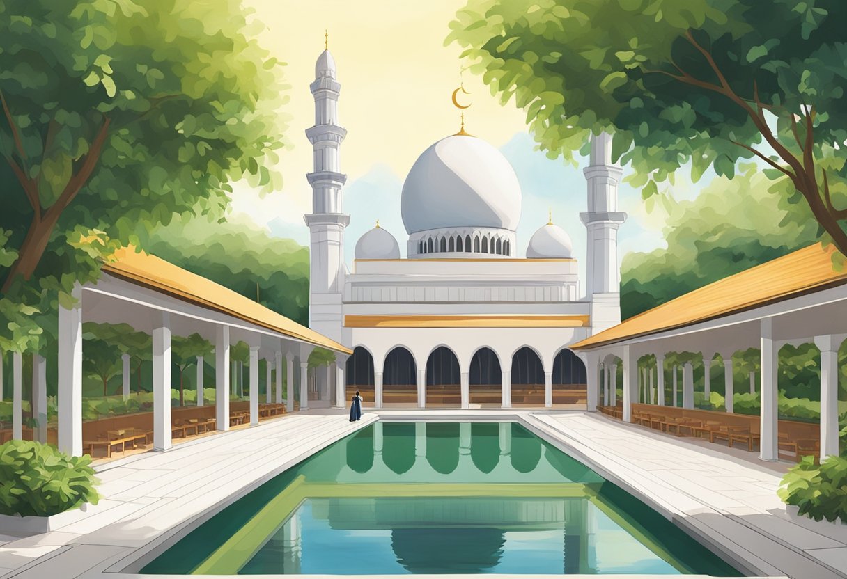 The sun shines brightly over a serene mosque in Singapore, as worshippers gather for the midday Zohor prayer. The lush greenery and modern architecture create a harmonious backdrop for the spiritual scene