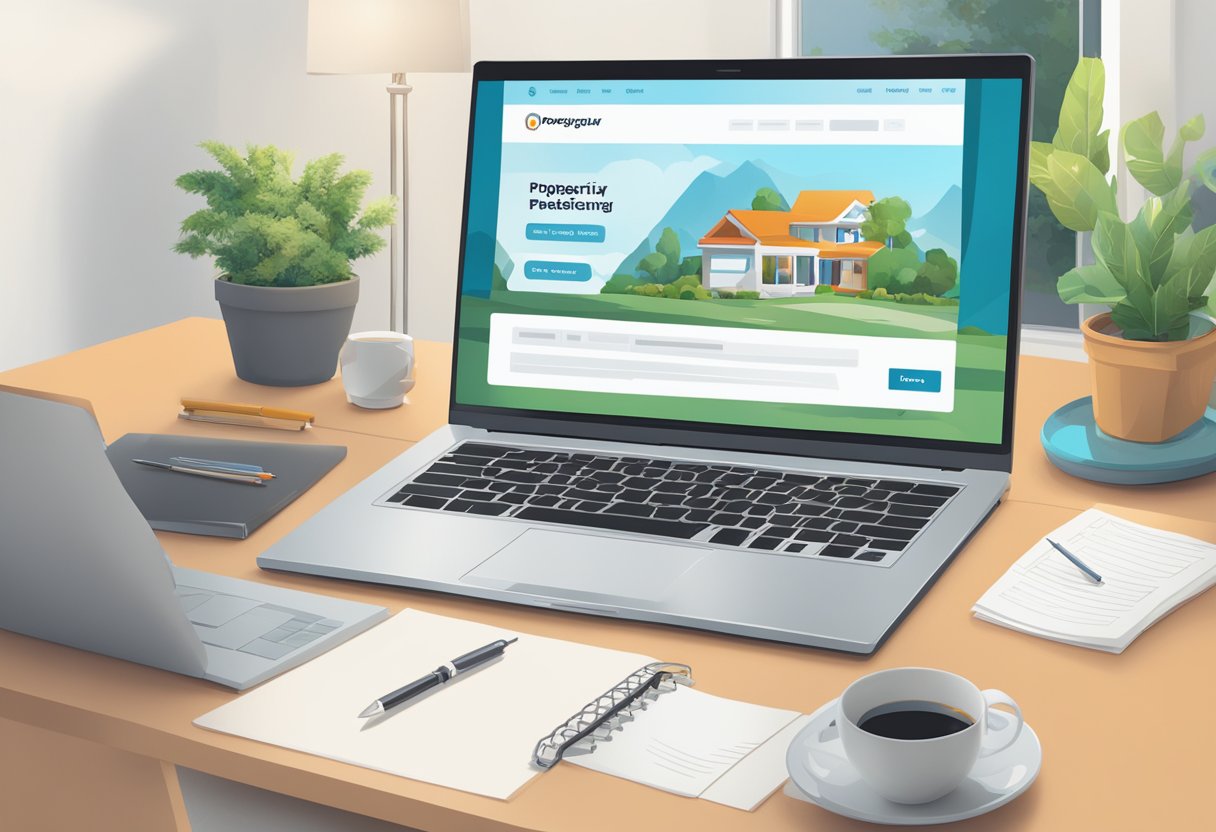 A laptop open to PropertyGuru's FAQ page, with a logo visible