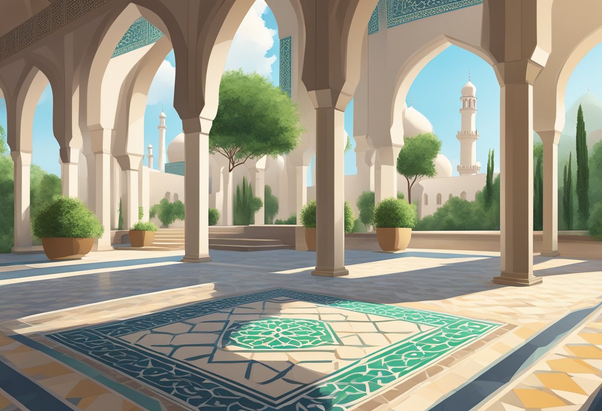 A serene mosque courtyard at Zohor time, with geometric patterns on the floor and lush greenery in the background