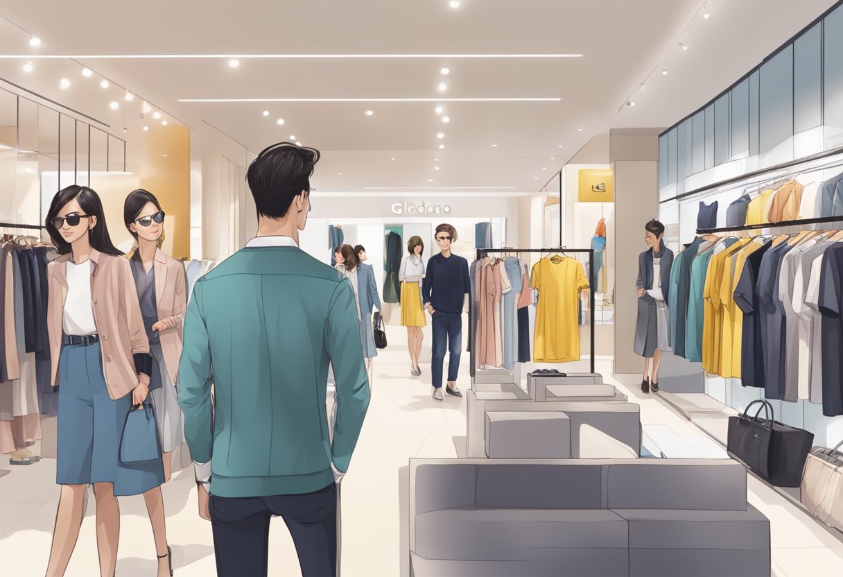 People browsing Giordano Singapore, trying on clothes, and admiring the store's modern interior and stylish displays