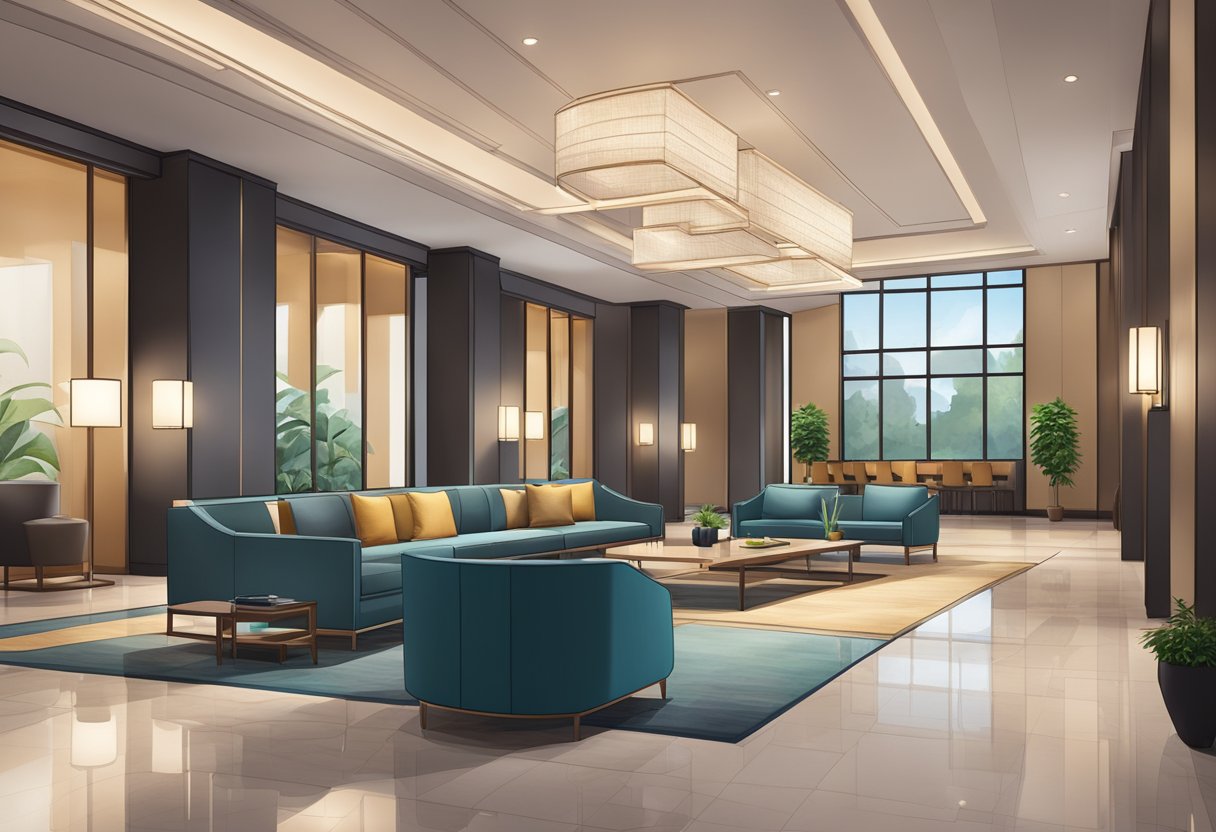 A modern hotel lobby with sleek furniture, a reception desk, and a cozy lounge area. The space is well-lit with large windows and adorned with contemporary decor
