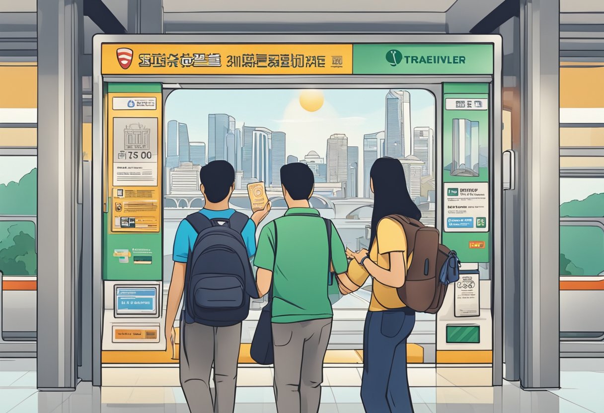 A traveler swipes a Singapore Tourist Pass at a subway gate, with iconic landmarks in the background