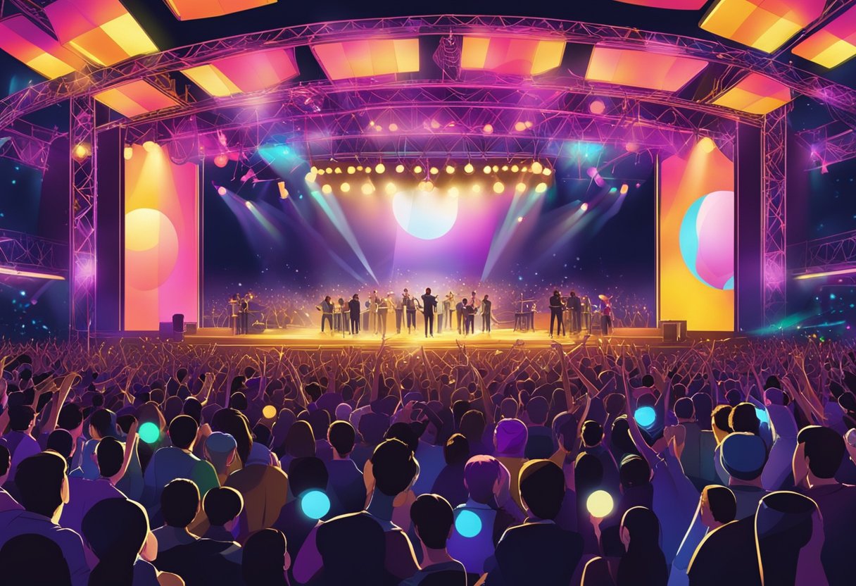 The stage is illuminated with colorful lights, casting a vibrant glow on the crowd. The venue is filled with excited fans, eagerly awaiting the start of the yoasobi concert in Singapore