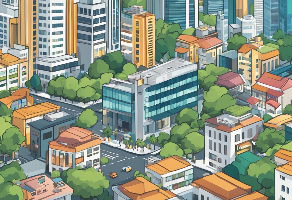 A bustling cityscape with a prominent sign reading "Frequently Asked Questions zohor singapore" in bold, clear lettering