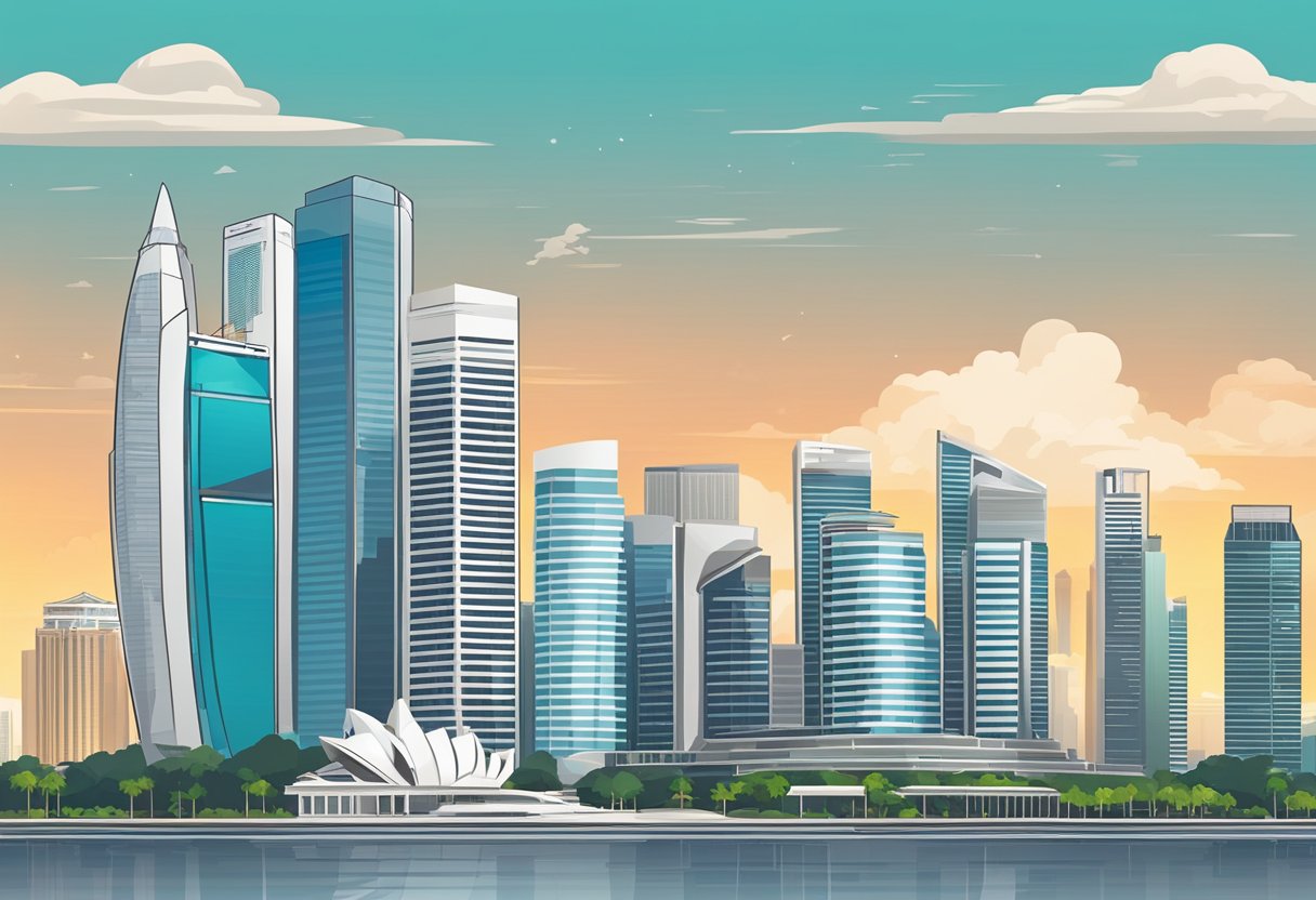 Singapore skyline with historical and futuristic skyscrapers, tallest building prominent