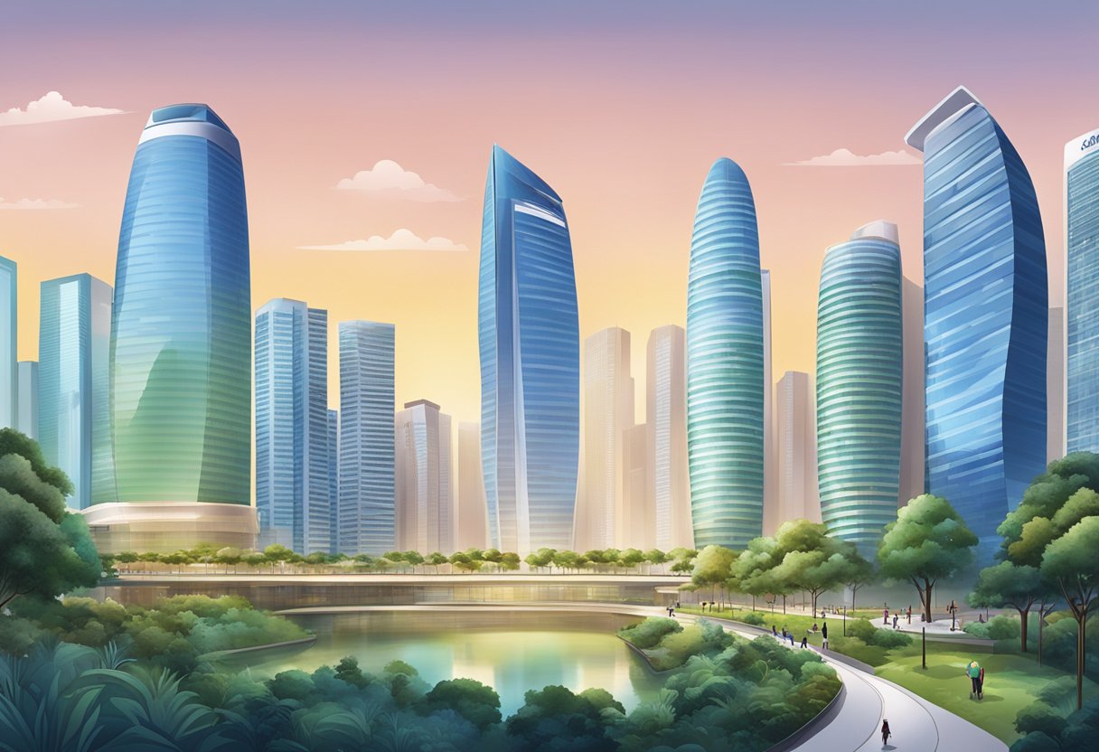 A modern cityscape of Aviva Singapore, with sleek skyscrapers and a bustling urban environment