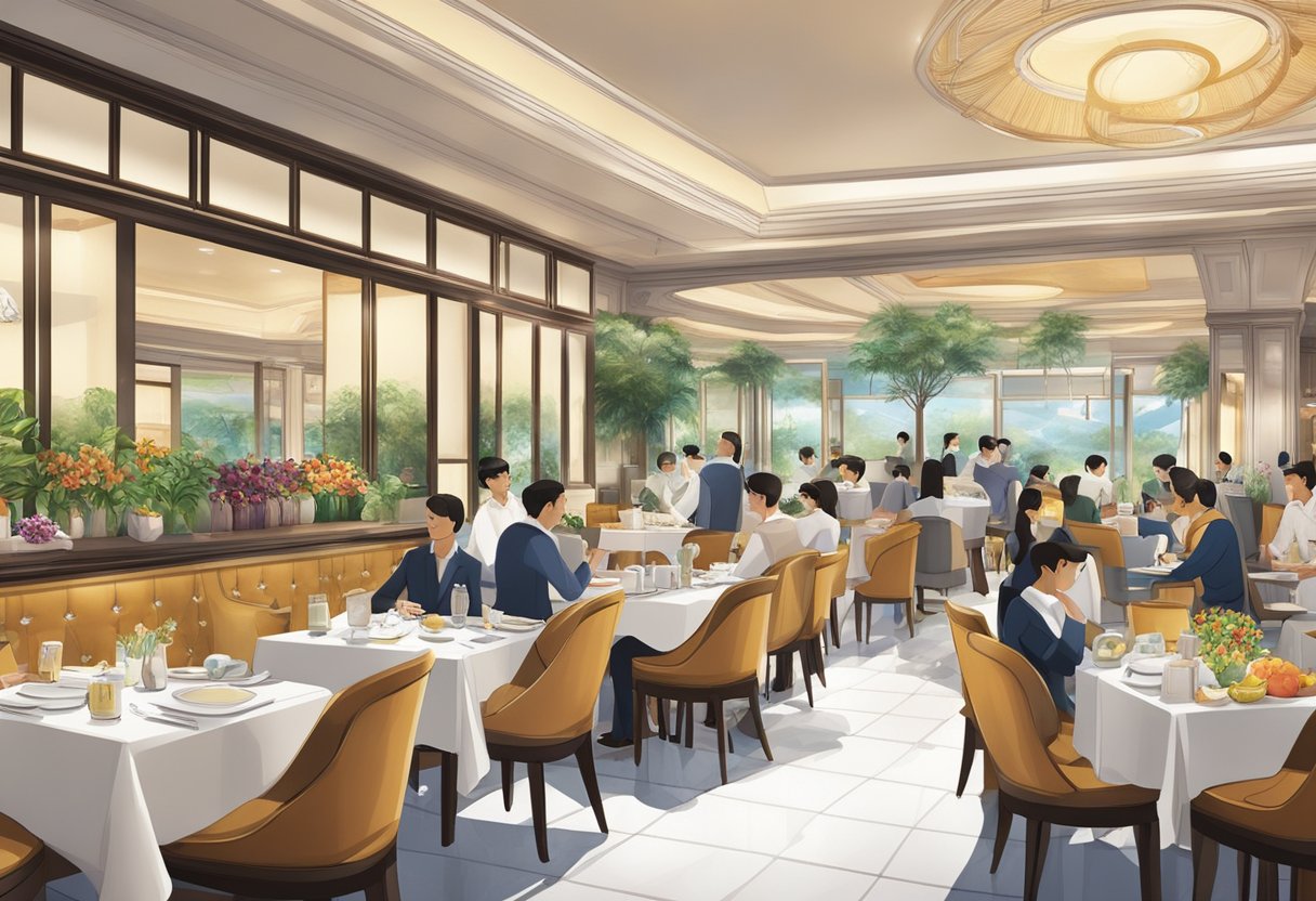 A bustling dining area in Hotel Thomson, Singapore, with various offers and promotions displayed prominently