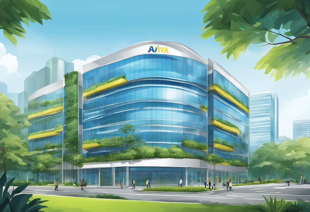 A modern office building with the Aviva Singapore logo prominently displayed. Surrounding greenery and a clear blue sky create a vibrant backdrop