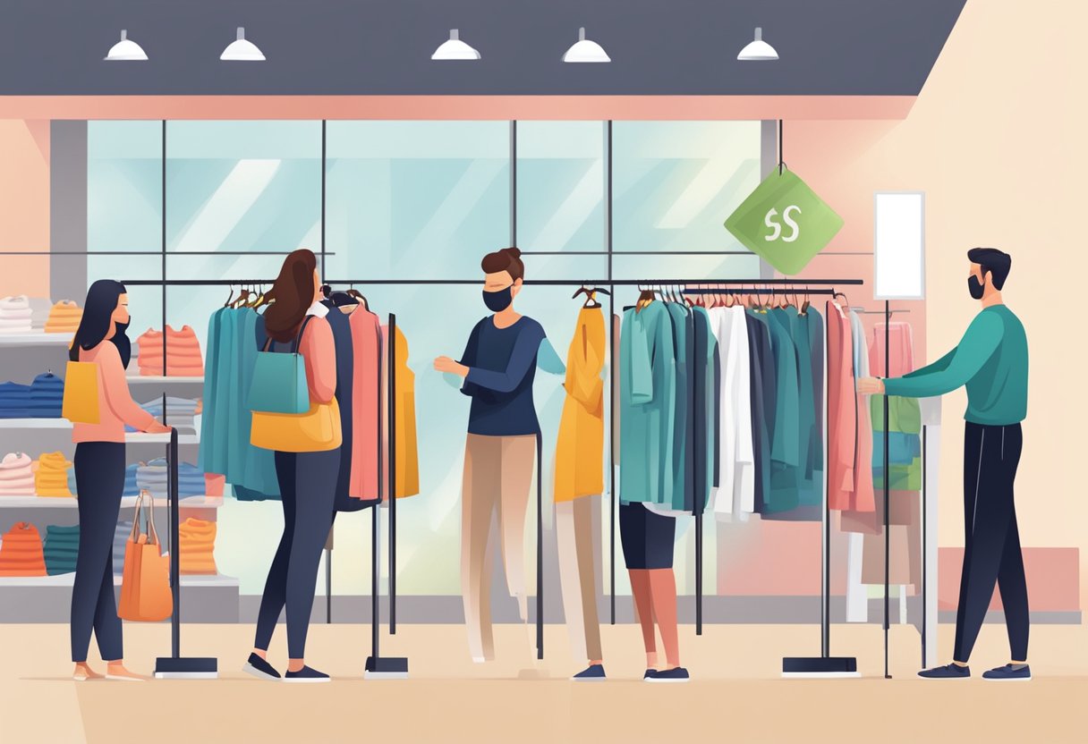 Customers browse racks of clothing. Signs display return and exchange policies. Staff assist shoppers