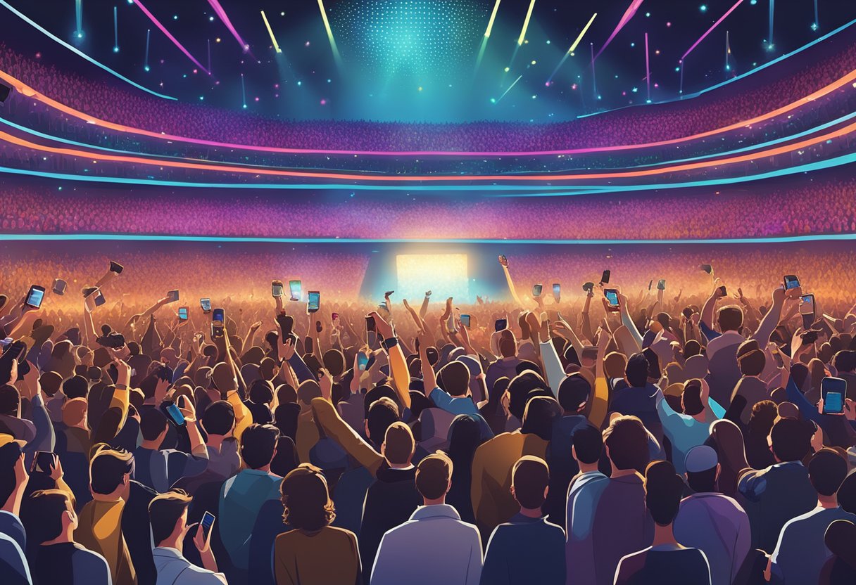 A crowded concert venue with vibrant stage lights and a sea of fans holding up glowing smartphones