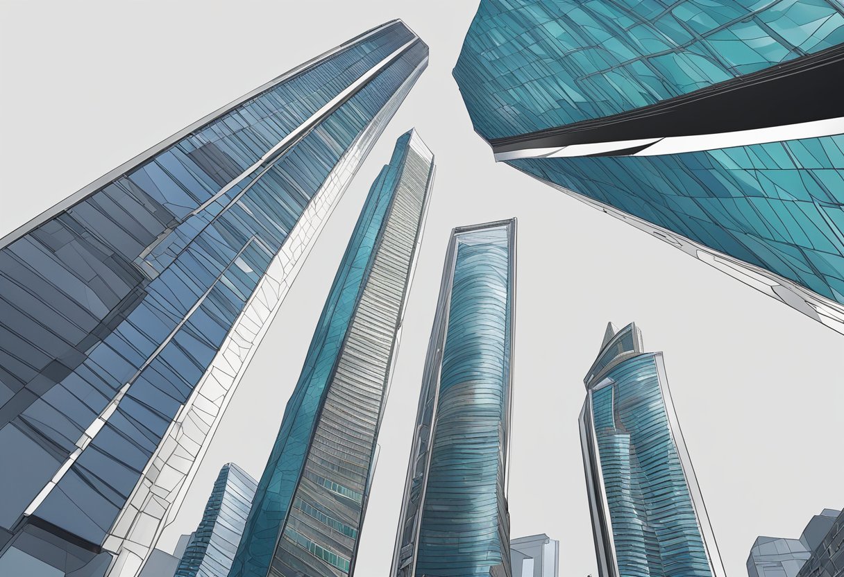 The towering skyscraper of Singapore's tallest building stands against a backdrop of a bustling city skyline, with sleek glass and steel architecture reaching towards the sky