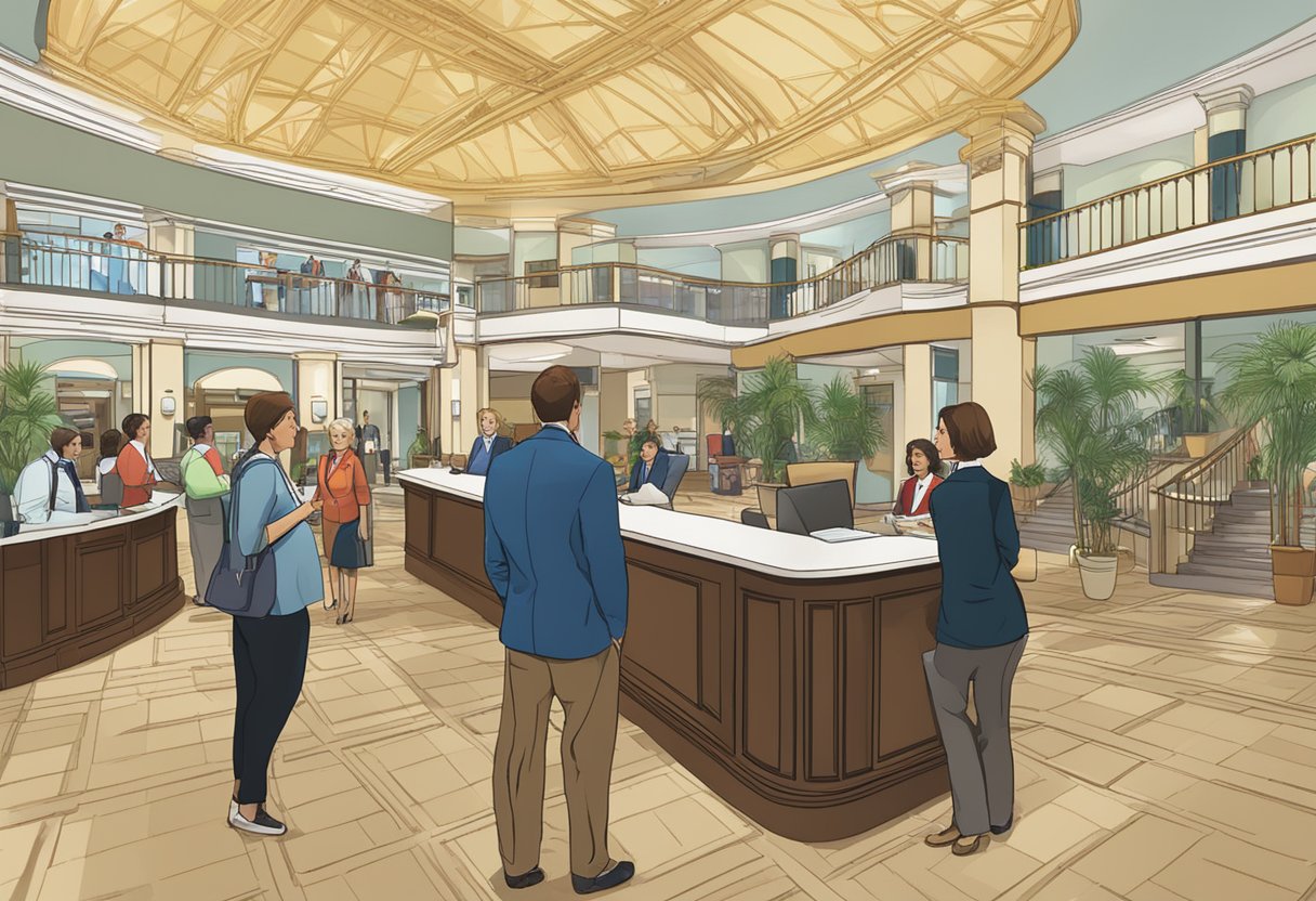The hotel lobby bustles with guests asking questions at the front desk. A sign overhead reads "Frequently Asked Questions" in bold letters