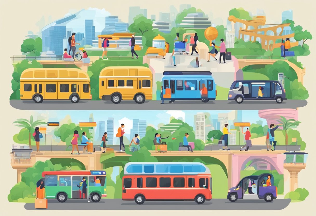 Travelers using the Singapore Tourist Pass at various attractions, boarding public transportation, and enjoying discounts at participating merchants
