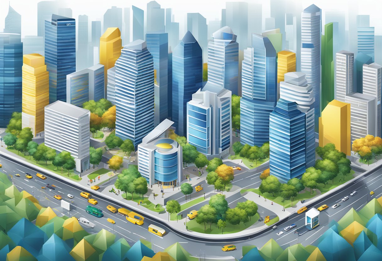 A bustling cityscape with prominent Aviva Singapore signage, surrounded by modern buildings and a diverse range of financial and insurance services