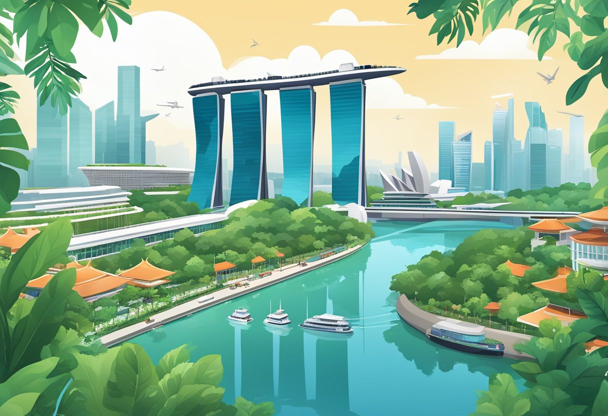 A bustling cityscape with iconic landmarks like the Marina Bay Sands and the Singapore Flyer, surrounded by modern skyscrapers and lush greenery