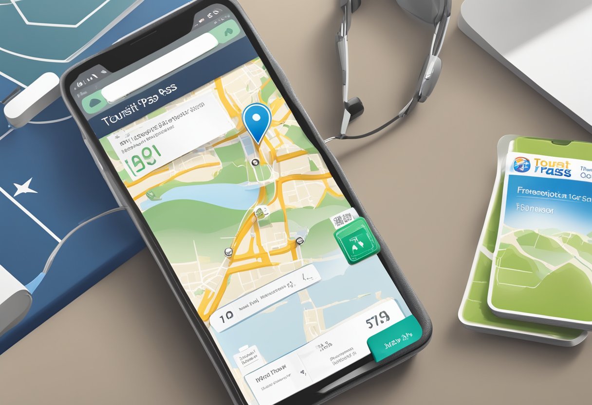 Tourist pass displayed next to a map and a transportation card, with a guidebook and a smartphone nearby