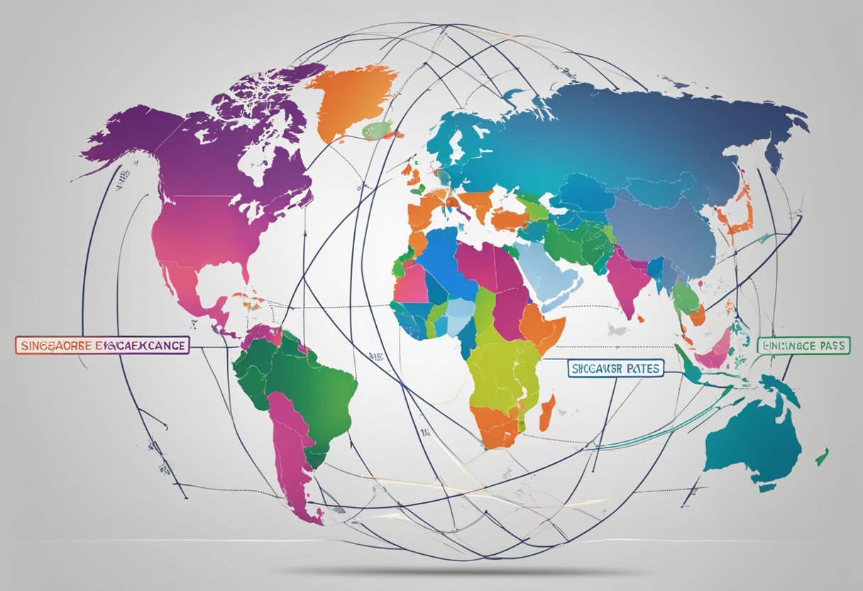 A globe with Singapore and India highlighted, with arrows showing currency exchange rates fluctuating between the two currencies