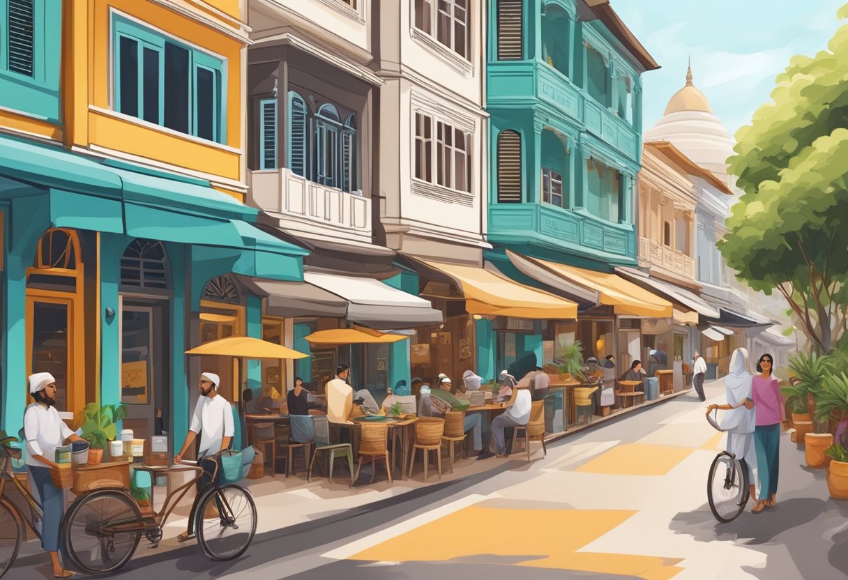 Vibrant Arab Street in Singapore, with colorful shophouses and bustling cafes, surrounded by the aroma of freshly brewed Arabica coffee