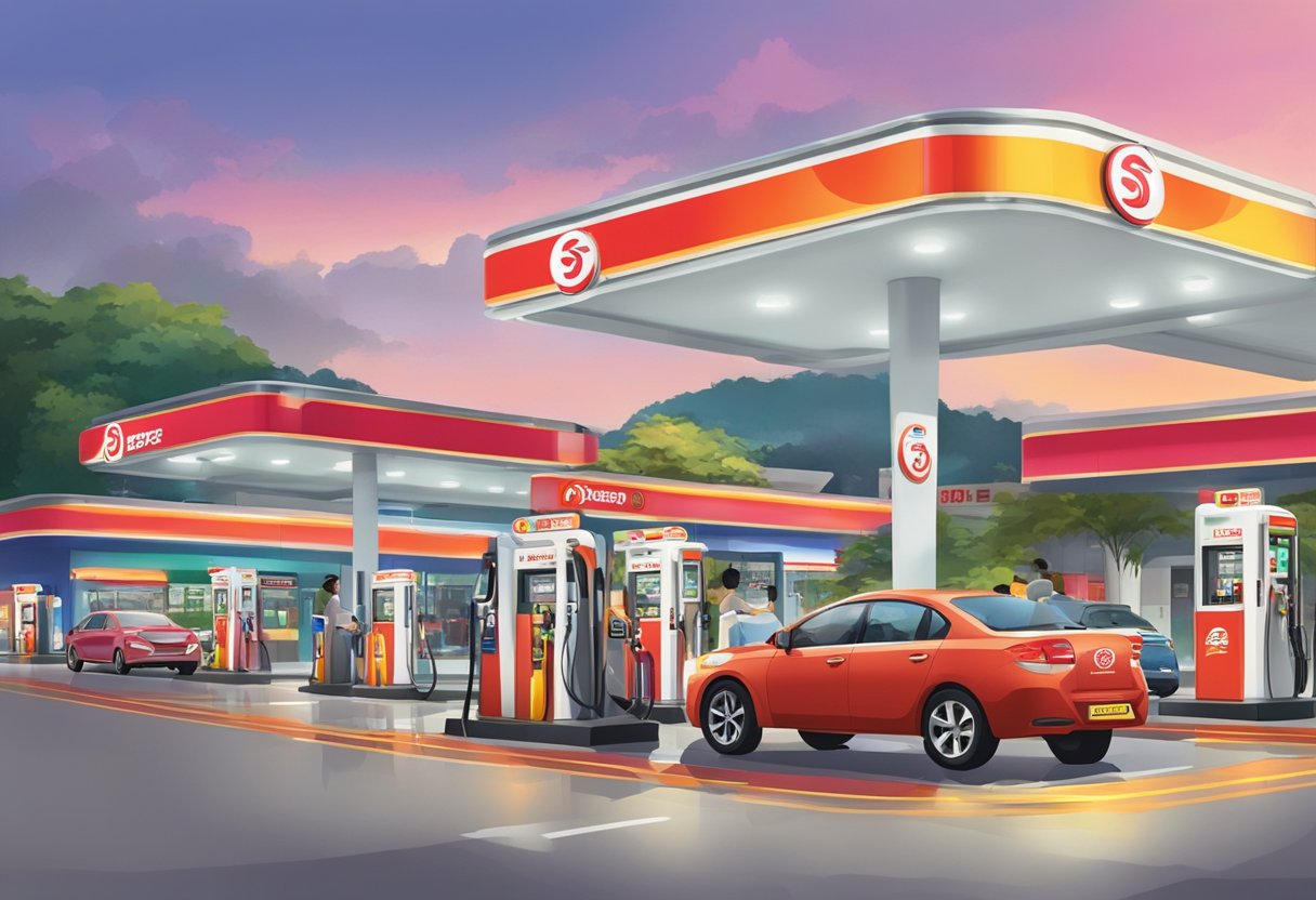 A bustling Sinopec gas station in Singapore, with cars fueling up and people coming and going. Brightly lit signs and colorful logos adorn the station's exterior