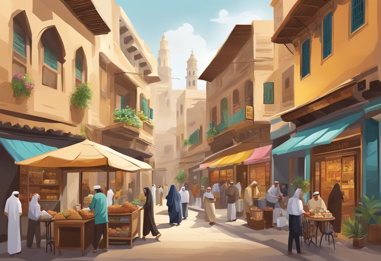 A bustling Arab Street scene with colorful shopfronts, aromatic coffee beans, and people milling about. A warm, inviting atmosphere with a hint of exotic charm