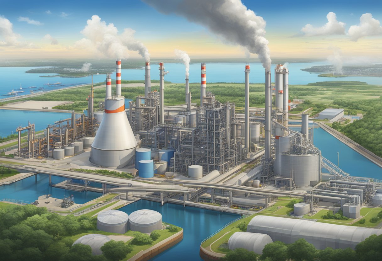 Sinopec's Singapore facility, with towering industrial structures, pipelines, and storage tanks, surrounded by a bustling port and cityscape
