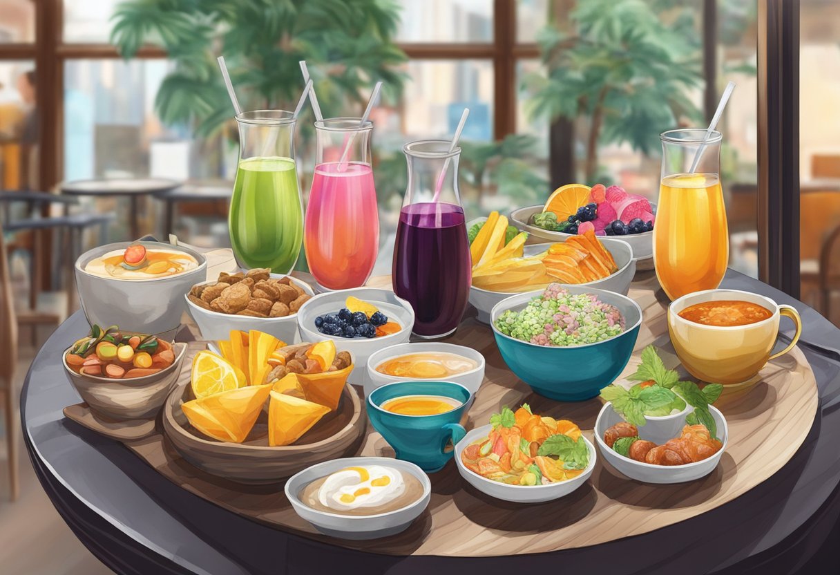 A table adorned with a variety of colorful beverages and food offerings at Arabica Singapore on Arab Street