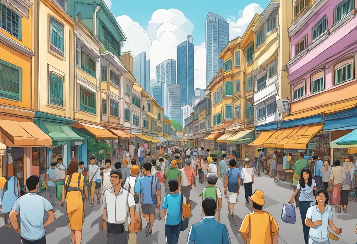 A bustling Arab Street in Singapore with colorful shopfronts and bustling crowds