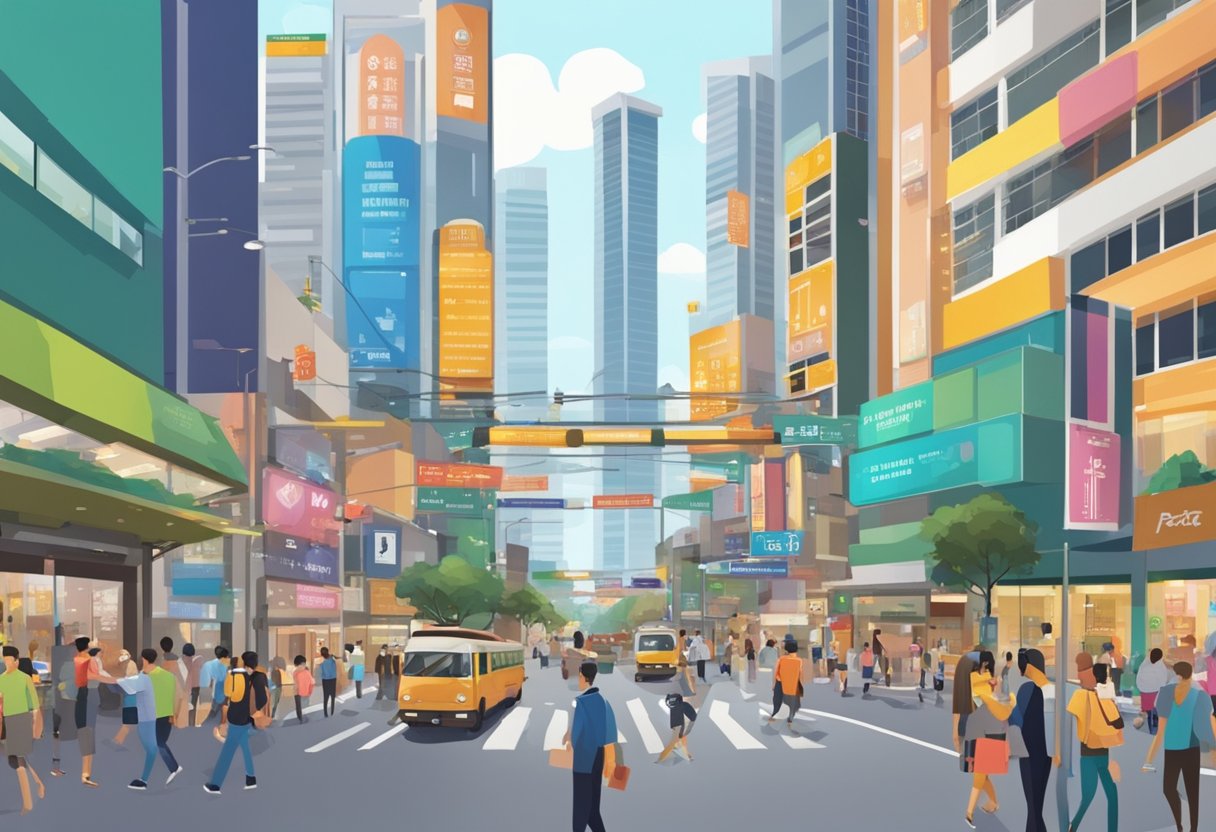 Busy Singapore street with tall buildings, colorful signs, and bustling traffic. Street directory prominently displayed, guiding pedestrians through the city