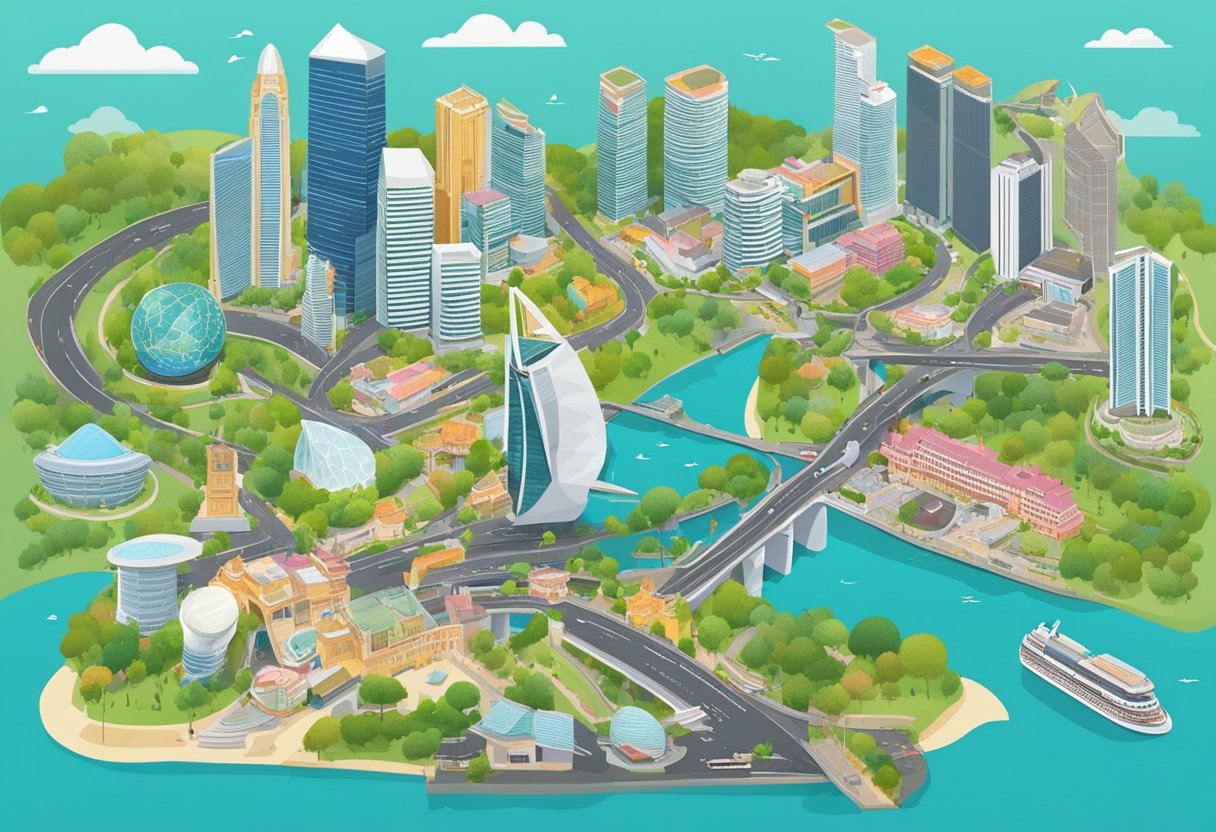 A bird's eye view of Singapore's vibrant streets and landmarks, with colorful maps and signs guiding the way