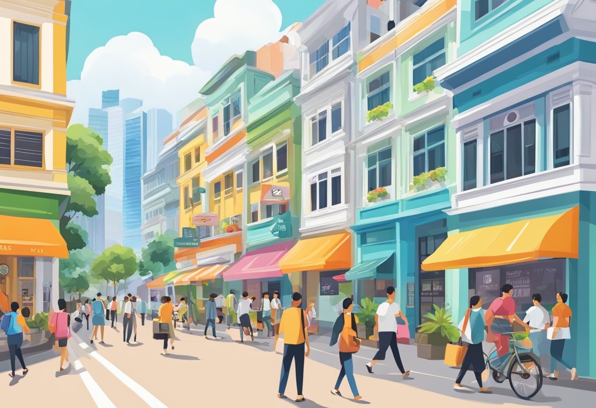 A bustling city street with signs for various services and amenities in Singapore. Brightly colored storefronts and busy pedestrians