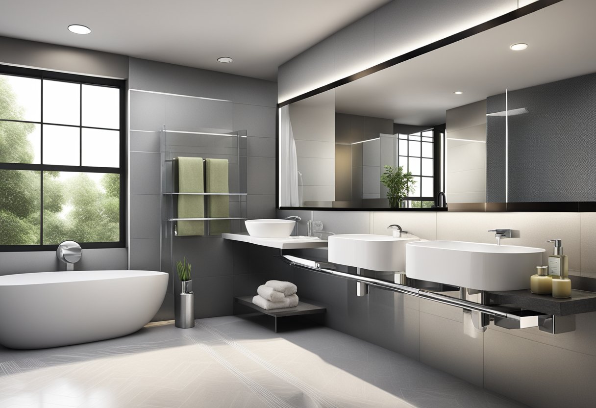 A sleek, modern bathroom with a chrome towel rack, a glass shelf for toiletries, and a stylish soap dispenser in Singapore