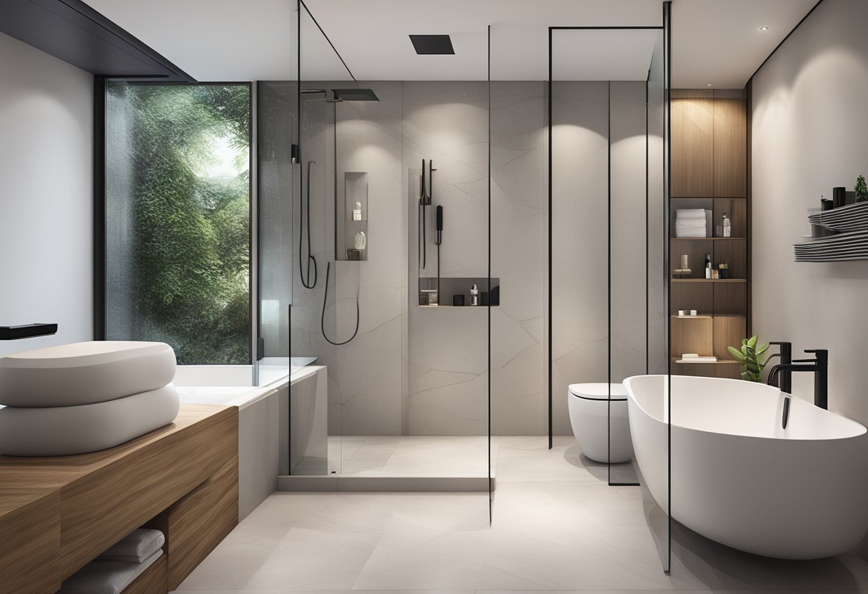 A modern bathroom with sleek, high-quality accessories in Singapore. Clean lines, minimalist design, and luxurious finishes