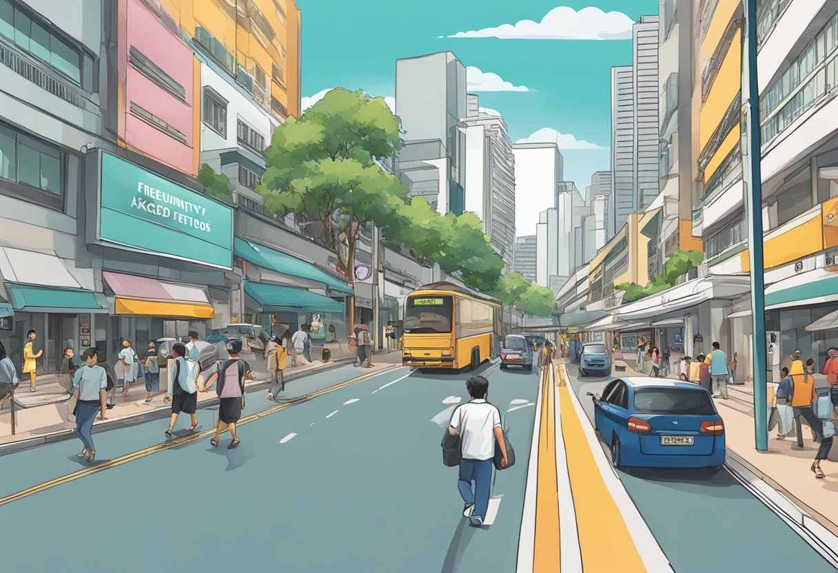 A bustling street in Singapore with a prominent sign for a "Frequently Asked Questions" directory. Pedestrians and vehicles pass by in the background