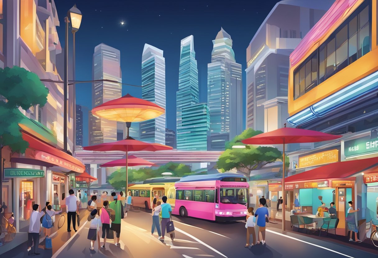 The bustling streets of Singapore with iconic landmarks in the background, and a vibrant atmosphere of entertainment and culture