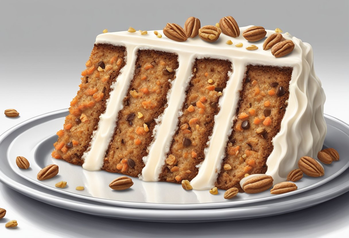 A slice of carrot cake sits on a white plate with a dollop of cream cheese frosting on top. The cake is moist and studded with bits of carrot and walnuts, and a sprinkle of cinnamon dusts the surface