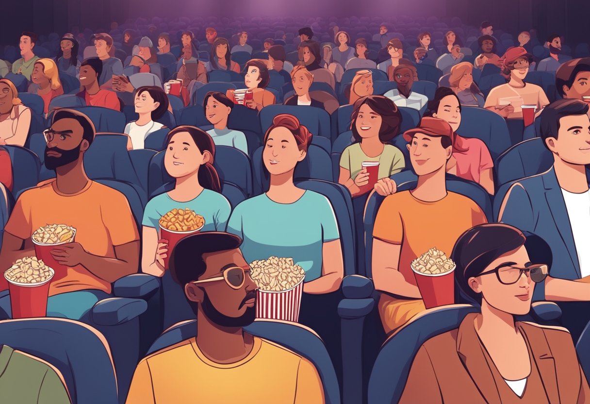 People in a theater, watching a movie or live performance, with tickets in hand and snacks on the seats