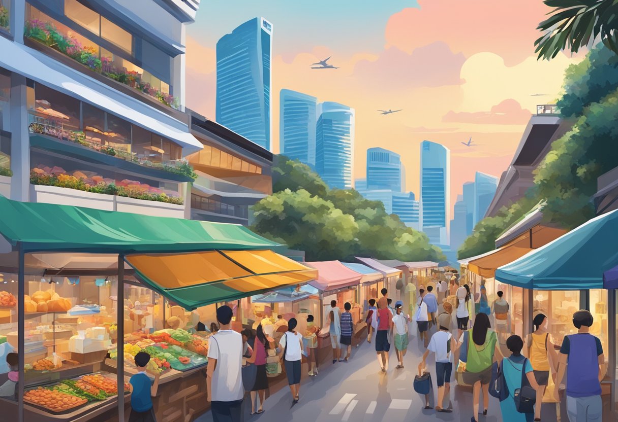 A bustling street in Singapore, with colorful shop houses, bustling markets, and vibrant street food stalls. The iconic Marina Bay Sands hotel and the Singapore Flyer can be seen in the distance