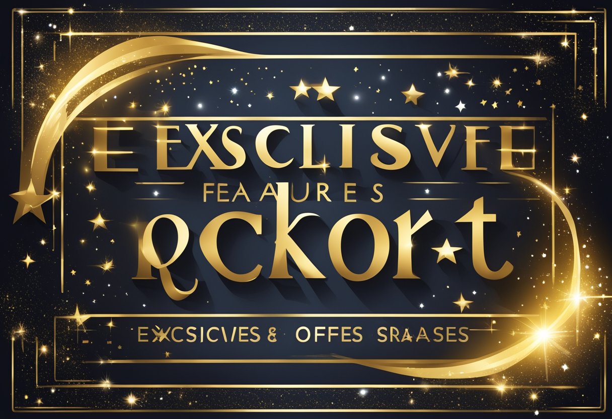 A spotlight shines on a golden ticket surrounded by swirling stars and sparkles, with the words "Exclusive Features and Offers" in bold, elegant font