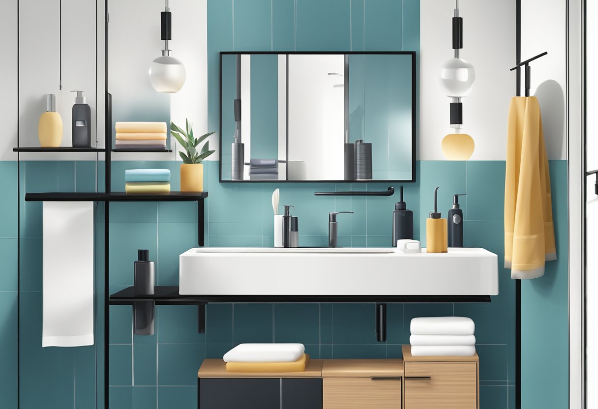 A modern bathroom with sleek and stylish accessories neatly arranged on the sink counter and hanging on the wall. The accessories include soap dispensers, toothbrush holders, and towel racks
