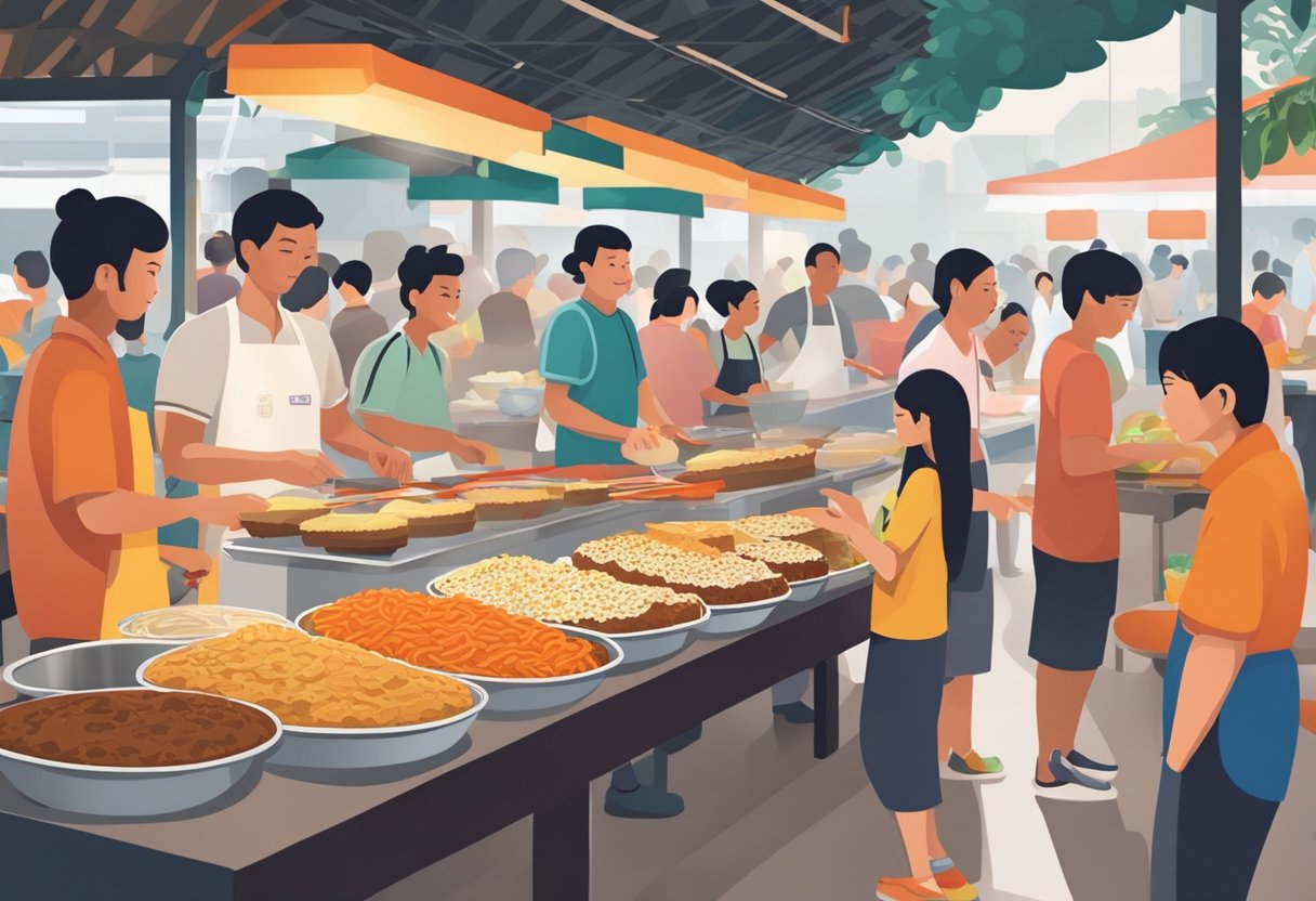 A bustling hawker center in Singapore, with vendors cooking up fragrant carrot cake dishes amidst a backdrop of diverse cultural influences