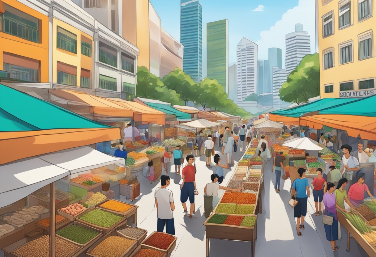 A vibrant outdoor market with colorful stalls and bustling crowds in the heart of Singapore. Tall buildings loom in the background, and the scent of exotic spices fills the air