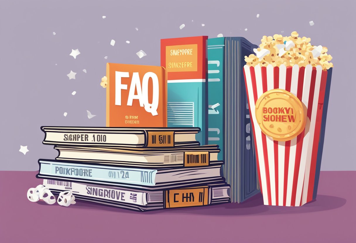 A stack of FAQ books with "bookmyshow singapore" on cover, surrounded by a theater ticket, popcorn, and a movie reel