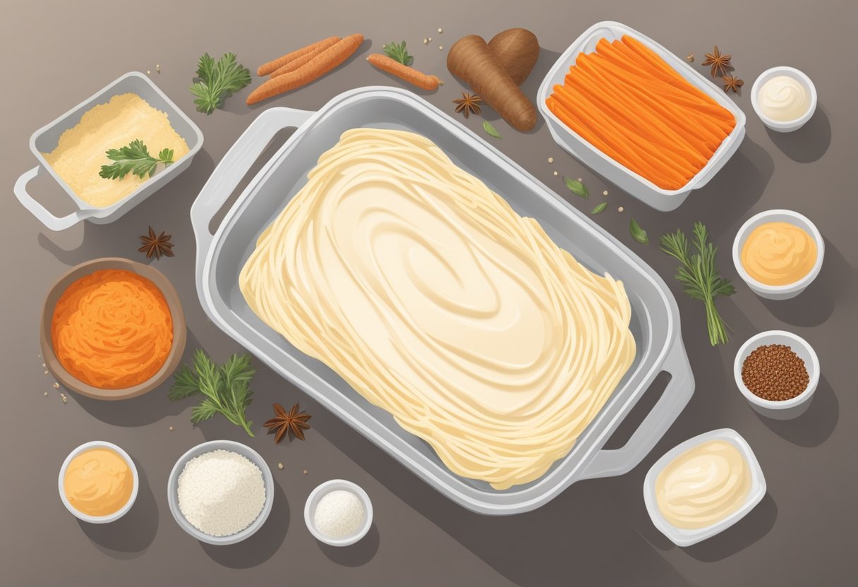 Mixing batter, grating carrots, adding spices, and pouring into a cake pan. Cream cheese frosting ready to spread