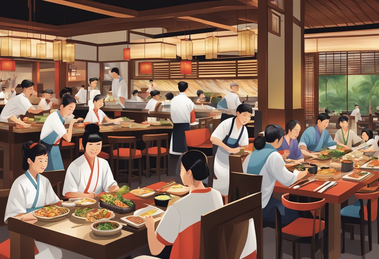A bustling Benihana Singapore restaurant with sizzling teppanyaki grills, lively chefs, and diners enjoying Japanese cuisine