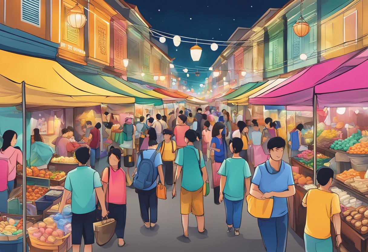 A bustling marketplace in Singapore, with colorful stalls and bustling crowds. The vibrant atmosphere is filled with the sounds of vendors calling out their wares and the scent of delicious street food