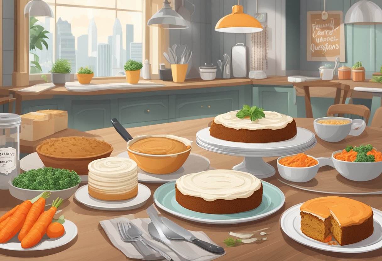 A table with a freshly baked carrot cake, surrounded by ingredients and utensils, with a sign reading "Frequently Asked Questions carrot cake singapore" in the background