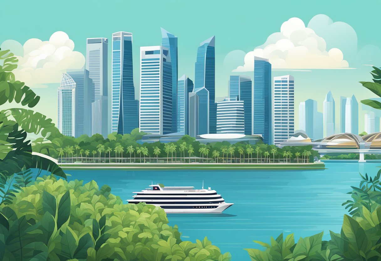 The iconic skyline of Singapore, with its modern skyscrapers and the famous Marina Bay Sands, set against a backdrop of clear blue skies and lush greenery
