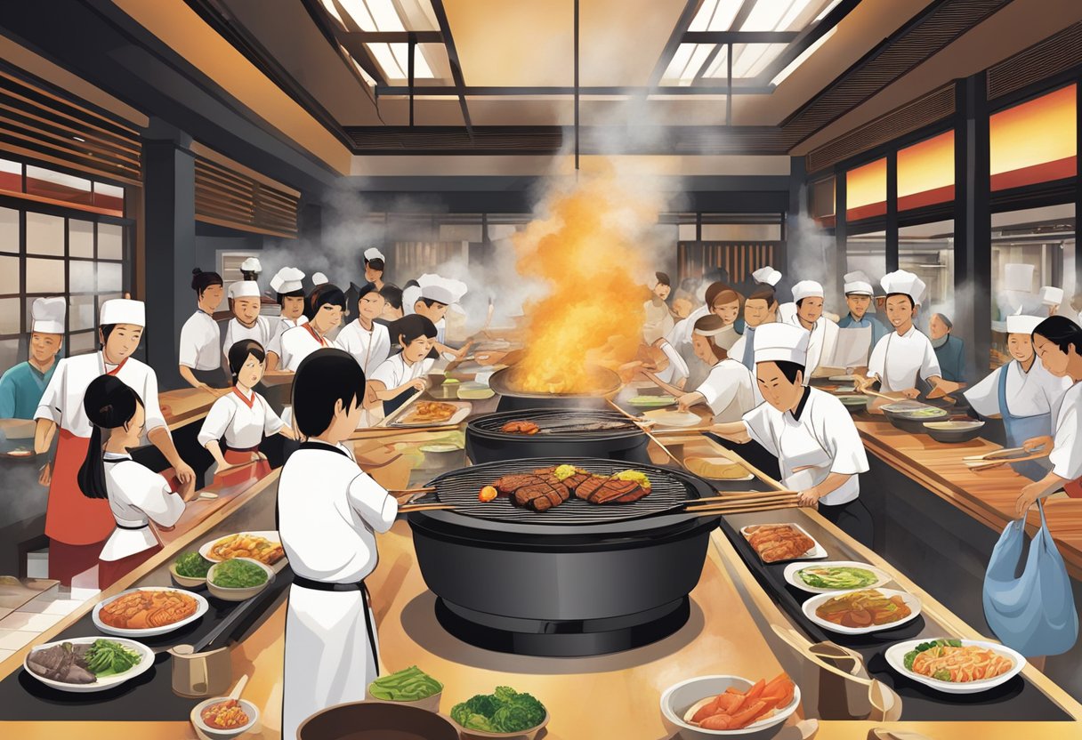 A sizzling teppanyaki grill with steaming plates of Japanese cuisine, surrounded by lively diners and the skilled chefs of Benihana Singapore