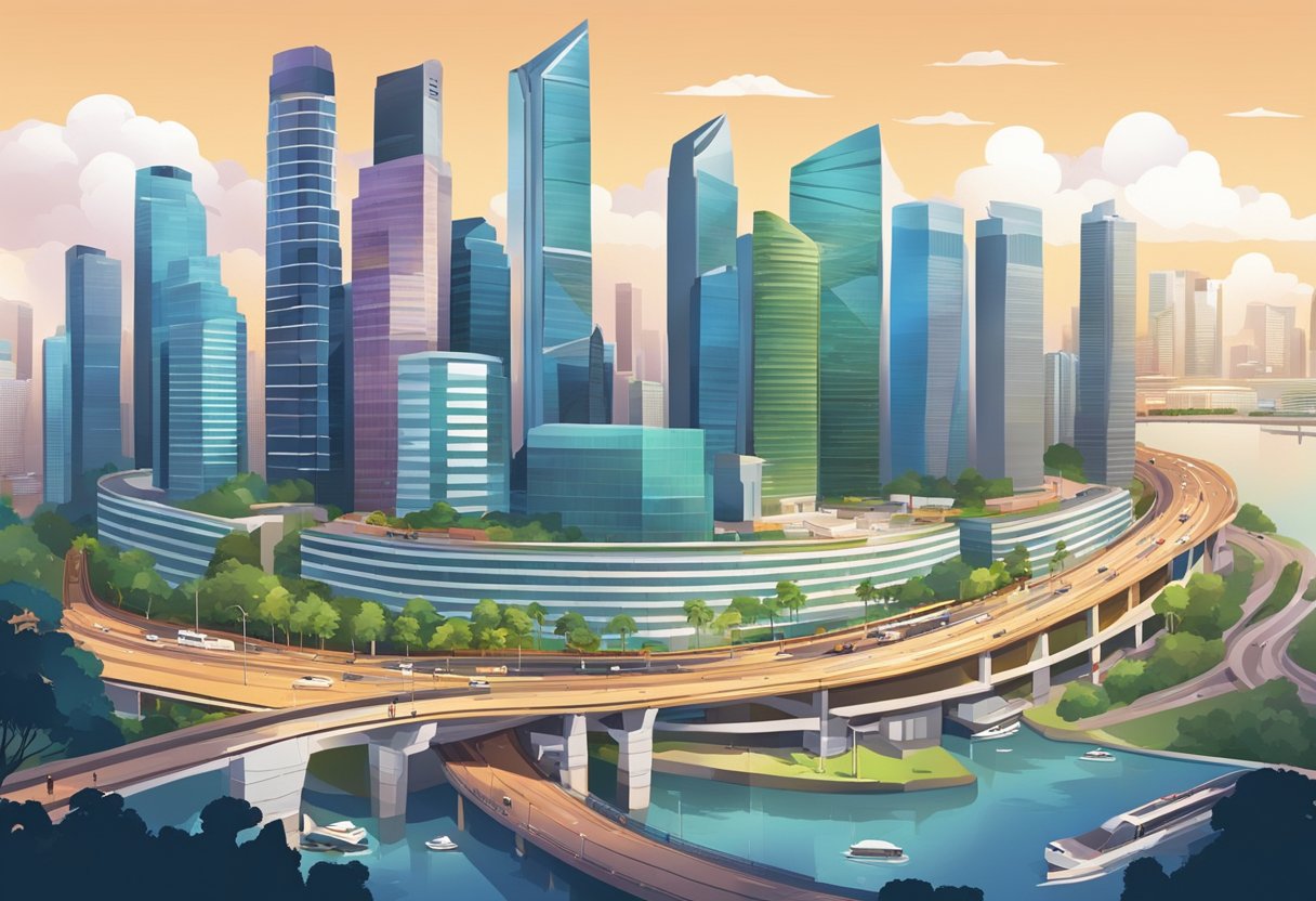 A bustling cityscape with modern skyscrapers and bustling streets, showcasing the vibrant energy of Singapore