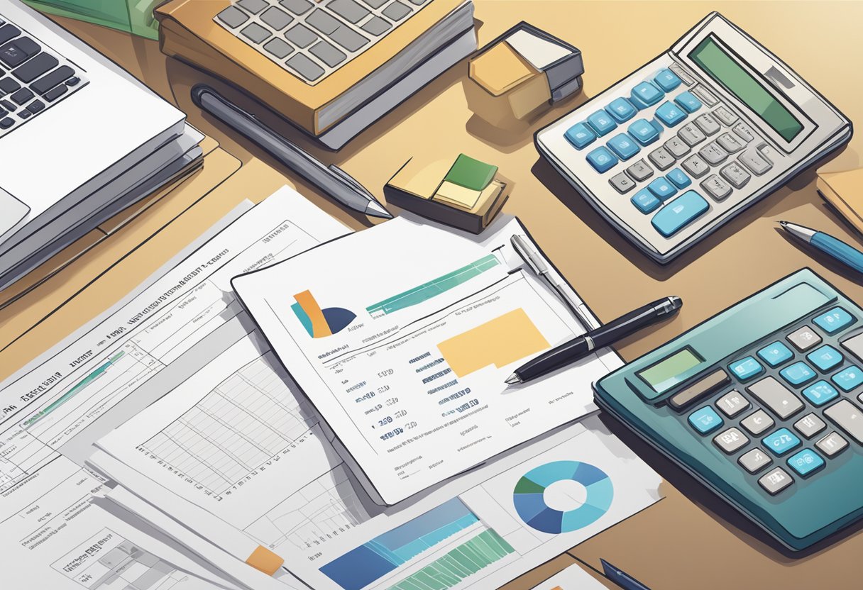 A credit bureau report from Singapore lays on a desk, surrounded by a laptop, pen, and calculator